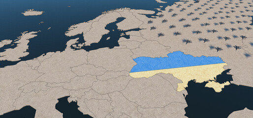Ukraine-Russia War. 3D Rendering illustration Map of Europe. MIG-29 Jet fighters attack from Russia to Ukraine in blue and yellow colors. Geopolitical Concept.