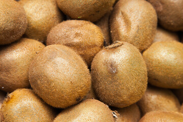 Ripe whole kiwi fruits in a heap close up. Background from kiwi.