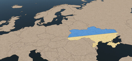 Ukraine-Russia Crisis. 3D Rendering illustration Map of Europe with Ukraine in Blue and Yellow colors. Geopolitical Concept.