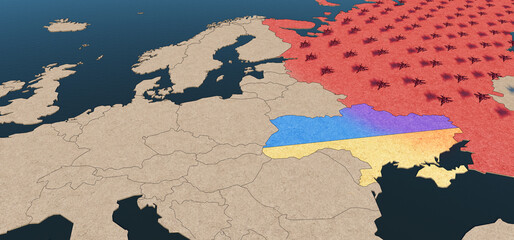 Ukraine-Russia Crisis Warzone. 3D Rendering illustration Map of Europe. MIG-29 Jet fighters attack from Russia in Red color to Ukraine in blue and yellow colors. Geopolitical Concept.