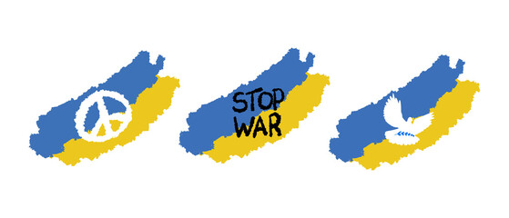 A set of stickers with the Flag of Ukraine with the dove of peace, with the inscription stop war, with the sign of peace to the world