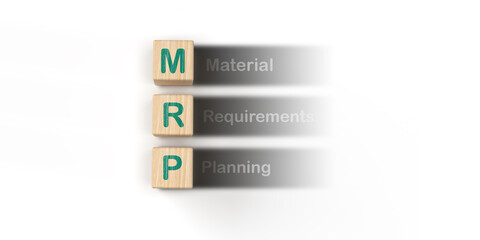 Wooden cube builds on the word MRP - (abbreviation of Material Requirements Planning) on ​​white background.