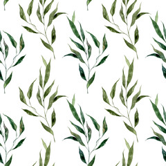 Green foliage wallpaper. Watercolor floral seamless pattern. Hand painted botanical print. Natural backdrop.