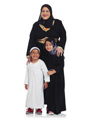 My grandkids our my blessing. Studio portrait of a muslim grandmother with her two grandchildren isolated on white.