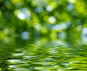 Green blur spring background with water