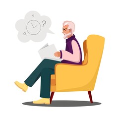 Dementia Grandpa in a chair can't remember what time it is Vector illustration in flat style
