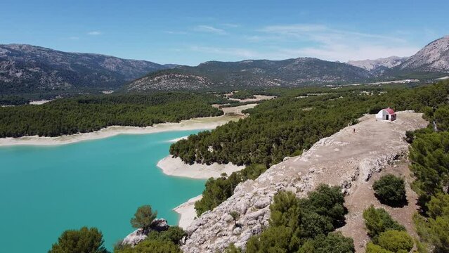 Aerial Drone View of Viewpoint Mirador Pe&ntilde;a Quesada in National Park Sierra Cazorla, Segura y Villas, Jaen, Andalusia, Spain - Fly over the Blue Lake and Water Reservoir
