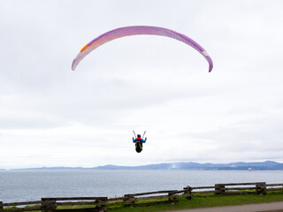 Man paragliding just above a coastline park during an overcast day, Victoria, British Columbia,...
