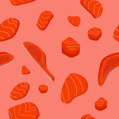 seamless pattern with Salmon Meat, on Salmon color background. Surface design for textile, fabric, wallpaper, wrapping, giftwrap, paper, scr