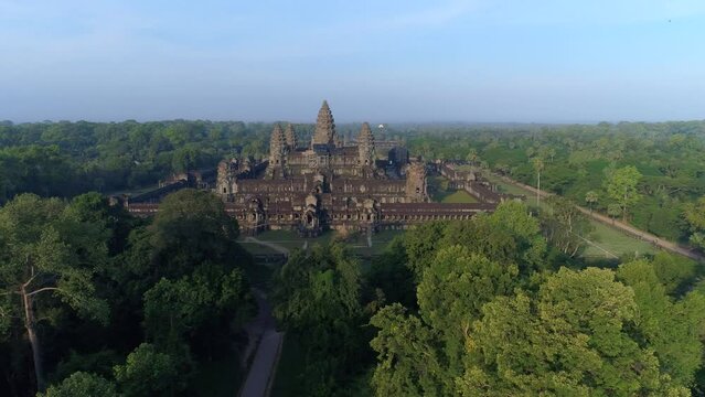Angkor Wat Aerial Cambodia Tourism Establishing shot Drone Sunrise