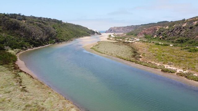 Odeceixe Beach, West Coast Algarve, Portugal - Aerial Drone View of the Lagoon and Wide Sandy Beach