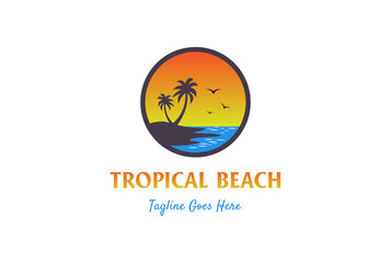Circular Sunset Palm Coconut Tree for Summer Beach Logo Design Vector Illustration