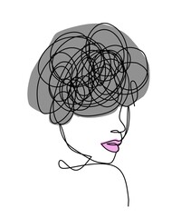 one line abstract Art of a dizzy female face, on a white background and aesthetically pleasing color for posters and wallpapers