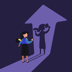 Business concept flat businesswoman holding winning trophy shadow and arrow pointing up. Woman facing lifting trophy shadow. Decision making choices success in future goal. Design vector illustration