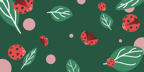 Vector design lady bugs and leave on green background for screen or print on objects cards etc