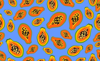 Papaya as a background. Juicy and bright fruit in the section with seeds.  Orange-yellow papaya with different background colors. A modern pattern for the website, packaging, and cover.