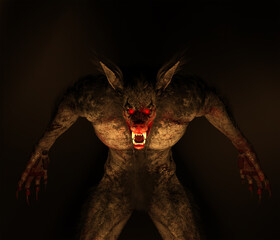 Werewolf Dogman cryptid roaring with glowing red eyes against a smoky out of focus background