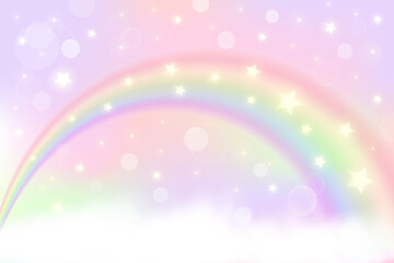 Holographic fantasy rainbow unicorn background with clouds. Pastel color sky. Magical landscape, abstract fabulous pattern. Cute candy wallpaper. Vector. © Chorna_L