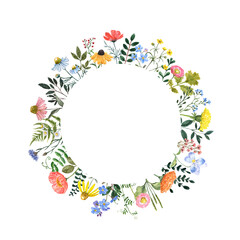 Fototapeta na wymiar Watercolor wildflowers circle frame on white background. Summer meadow floral wreath. Holiday card template illustration with colorful plants and leaves.