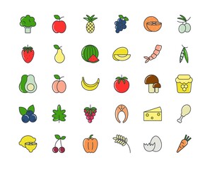 Healthy food set line icons. Collection organic fresh food. Vegetables and fruits for balanced diet isolated vector illustration