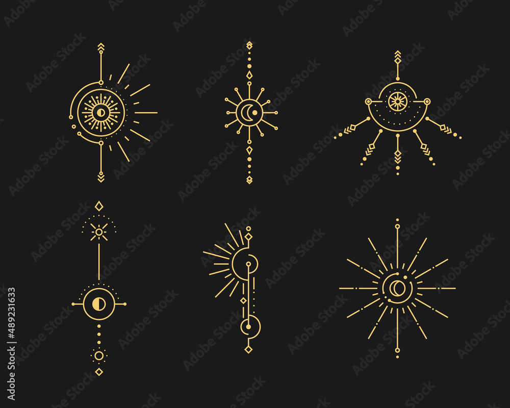 Poster set of moon and sun line art. minimal boho linear symbols. celestial mystic element. vector line art