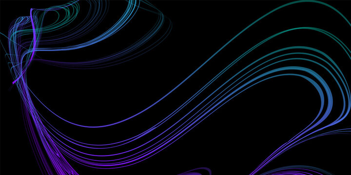Abstract geometric illustration of doodle waves with felt-tip pen with gradient on dark background. Abstract halographic gradient background. Threads, traces of smoke.
