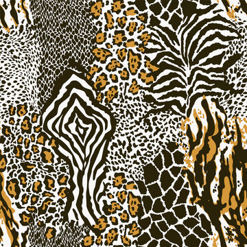 Wild animal skins patchwork wallpaper abstract vector seamless pattern 