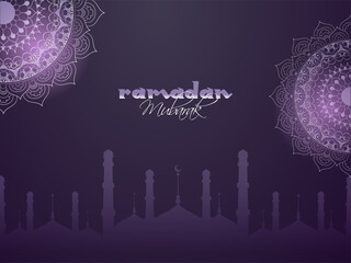 Ramadan Mubarak Font And Exquisite Mandala On Purple Silhouette Mosque Background.