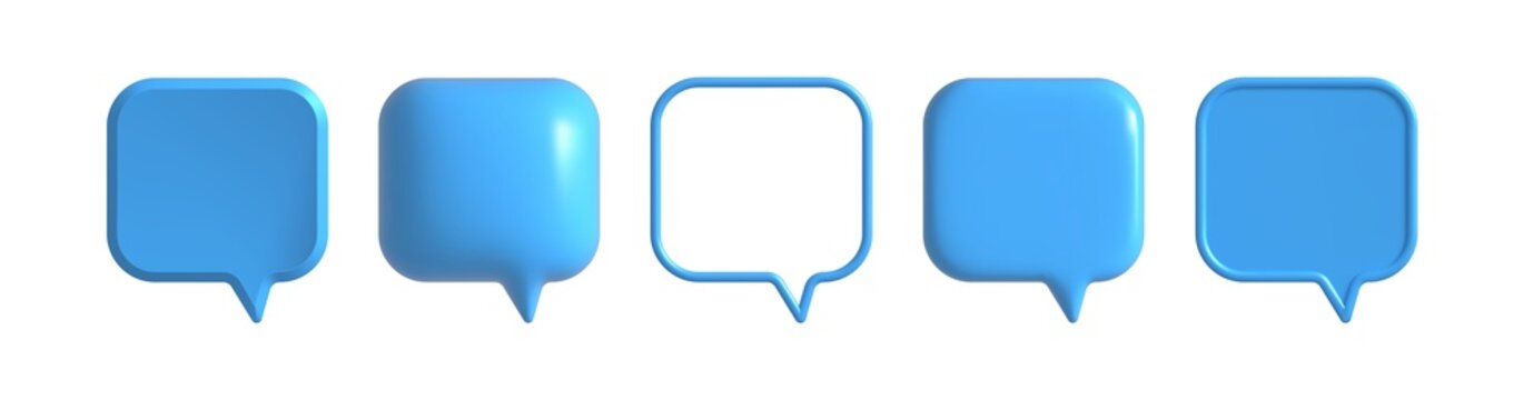 3d speech bubble of different shapes. Social media icons. Balloon message for chat, dialog, talk. Chatting box, speak bubble text, talking cloud. Vector realistic illustration
