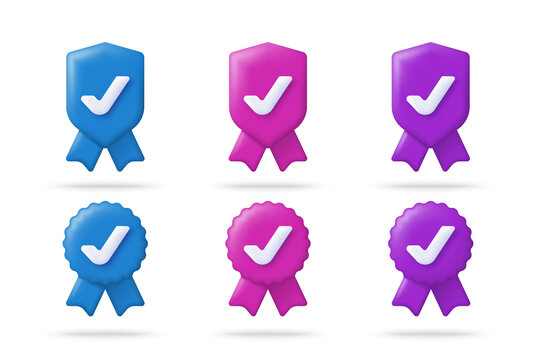 3d checkmark iocn set on star and shield badge with ribbons. 3d quarantee customer symbol. Vector illustration
