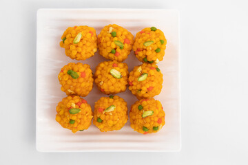 Jodhpuri Bundi Laddu Also Called Tiranga Boondi Ladoo Mithai Is Made Of Besan Sooji Suji Desi Ghee Is Enjoyed On Deepawali, Dussehra, Rakshabandhan, Rakhi, Vinayaka Ganesh Chaturthi and Janmasthami