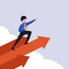 Business flat drawing businessman leader stands on arrows and points direction forward. Male worker flying using rapid up arrows symbol. Success business manager. Cartoon graphic vector illustration
