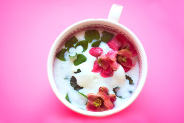 Spring and snow concept still life - fresh garden flowers and leaves in a porcelain pot with milk
