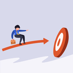 Business concept design businessman standing flying on arrows and hitting bullseye. Male manager on arrow. Shoot the target. Accuracy, focus on business target. Vector illustration flat cartoon style