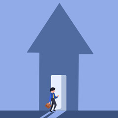 Business flat drawing businessman enter the up arrow shape house. Male manager entering in arrow pointing up. Start up. Business success to next level. Career development. Cartoon vector illustration