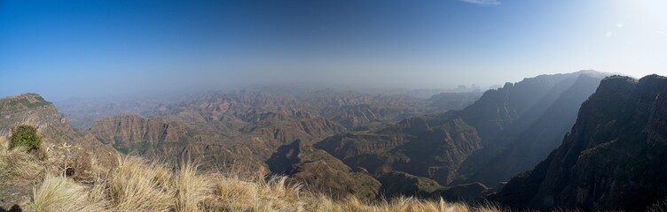 Landscape panorama view of the Simien Mountains National Park in the highlands of northern Ethiopia.