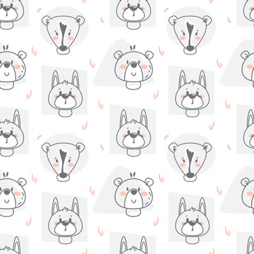 Seamless pattern with the image of animals in a children's style. Postcard doodle vector element. Textile background. Factory design.