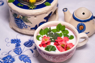 Spring and snow concept still life - fresh garden flowers and leaves in a porcelain pot with milk