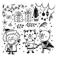Set of vector Christmas elements. Illustration of Santa, bear, Christmas tree, lights and toys. Doodle style 