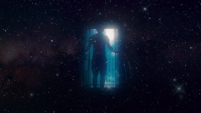 Man Enters Space Door To Blue Sky. Man opens a door to a cloudy blue sky in deep space. Double exposure effect