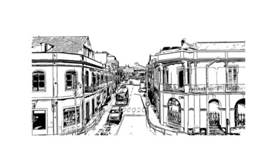 Building view with landmark of Mindelo is a port city in Cape Verde. Hand drawn sketch illustration in vector.