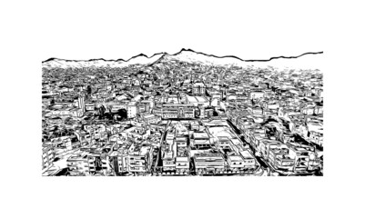 Building view with landmark of Mindelo is a port city in Cape Verde. Hand drawn sketch illustration in vector.