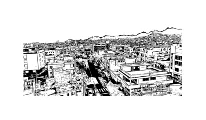 Building view with landmark of Mindelo is a port city in Cape Verde. Hand drawn sketch illustration in vector.