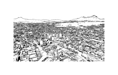 Obraz premium Building view with landmark of Mindelo is a port city in Cape Verde. Hand drawn sketch illustration in vector.