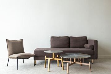 Stylish interior of the living room in a modern apartment. A sofa, an armchair and a coffee table against a gray wall. Minimalistic interior.