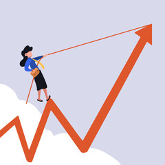 Business flat drawing businesswoman holding briefcase, pulling arrow graph chart up with rope. Career rise to success. Depicts gain, profit, boost. Ambition winning goal. Cartoon vector illustration