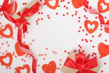 Background wit red ribbon and bright hearts for Valentine day decoration	