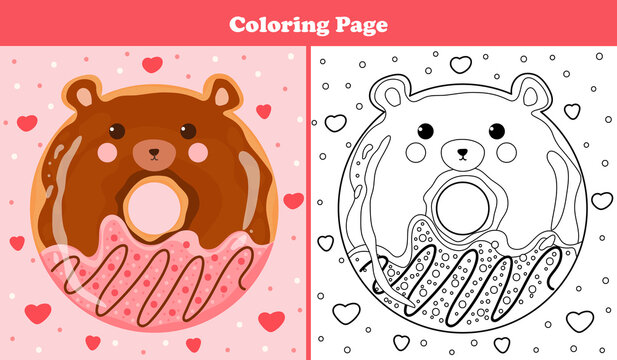 Printable Coloring Page For Kids With Sweet Bear Shape Donut With Icing And Chocolate In Cartoon Style, Game For Children Books