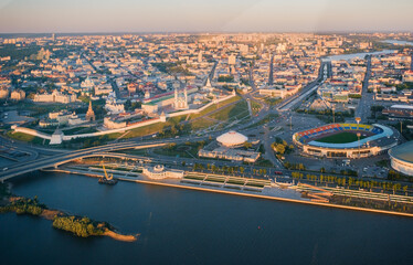 Panoramic summer shot from above of Kazan Kremlin. Tatarstan, Russia. Capital of the Republic of Tatarstan. City centre and landmark line with sunny weather. Sights, churches and mosque Kul-Sharif.