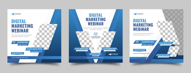 Set of Webinar promotion social media post template. Editable modern square banner with place for the photo.